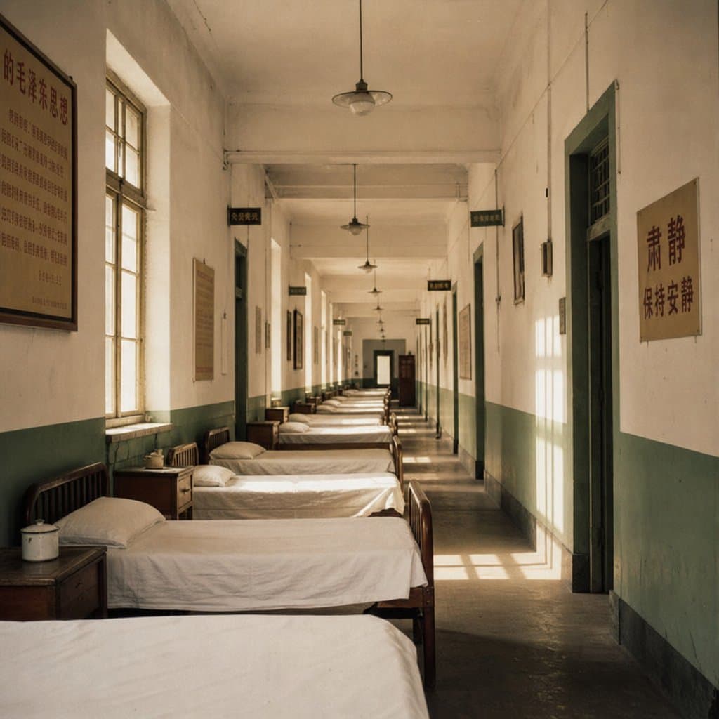1970年代医院走廊，白色墙壁，木质病床，昏黄灯光，复古医疗场景