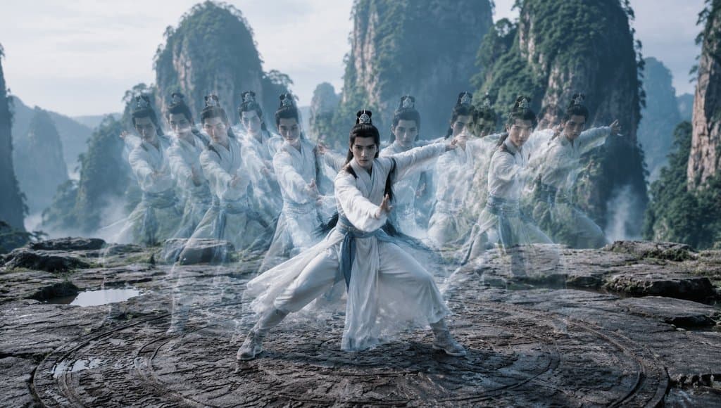 一名身穿白衣的侠士在山间石台上施展出分身术，周围环绕多个残影，背景为云雾缭绕的奇峰，写实东方神话风格。