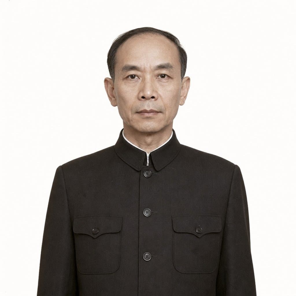 1970年代农村干部，中年男性，消瘦身材，穿黑色中山装，头发稀疏，复古年代风格