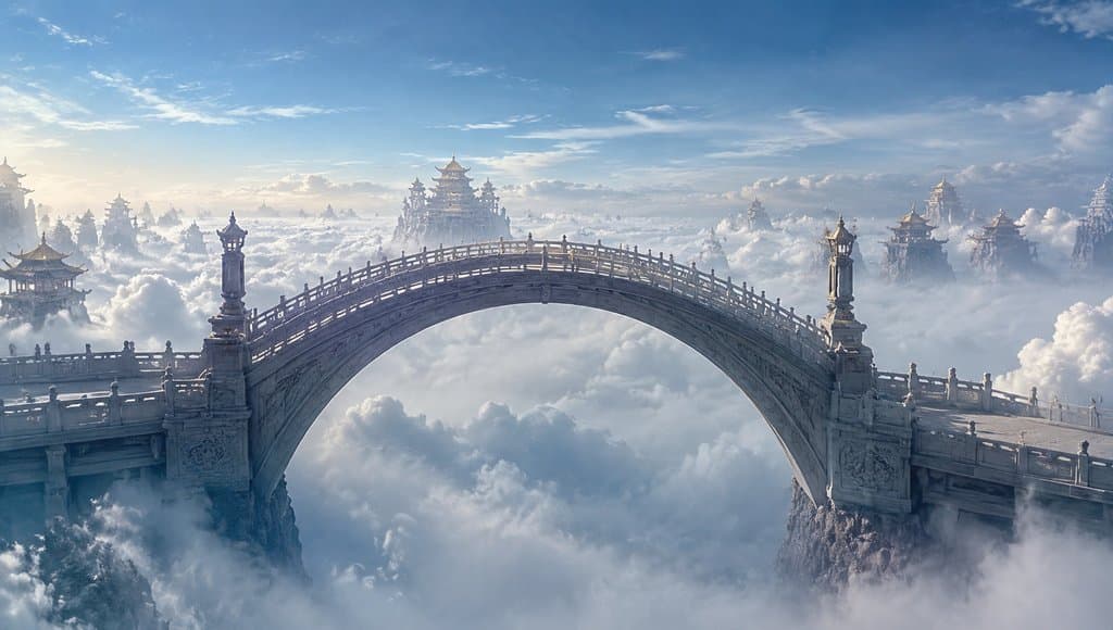 天河鹊桥横跨云海，东方神话风格的石拱桥连接仙山楼阁，写实3D场景