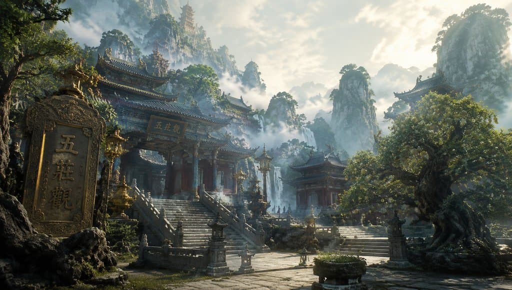 五庄观仙府，中式古建筑群，雾绕山峦，人参果树，写实东方神话场景