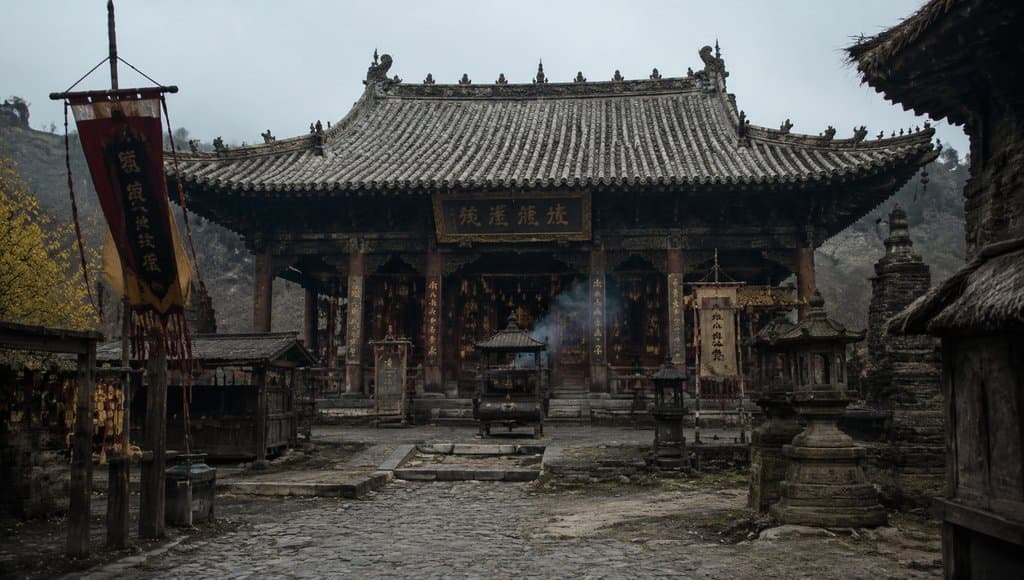 古朴城隍庙，飞檐翘角，香烟袅袅，悬挂幡旗，中式传统建筑写实风格