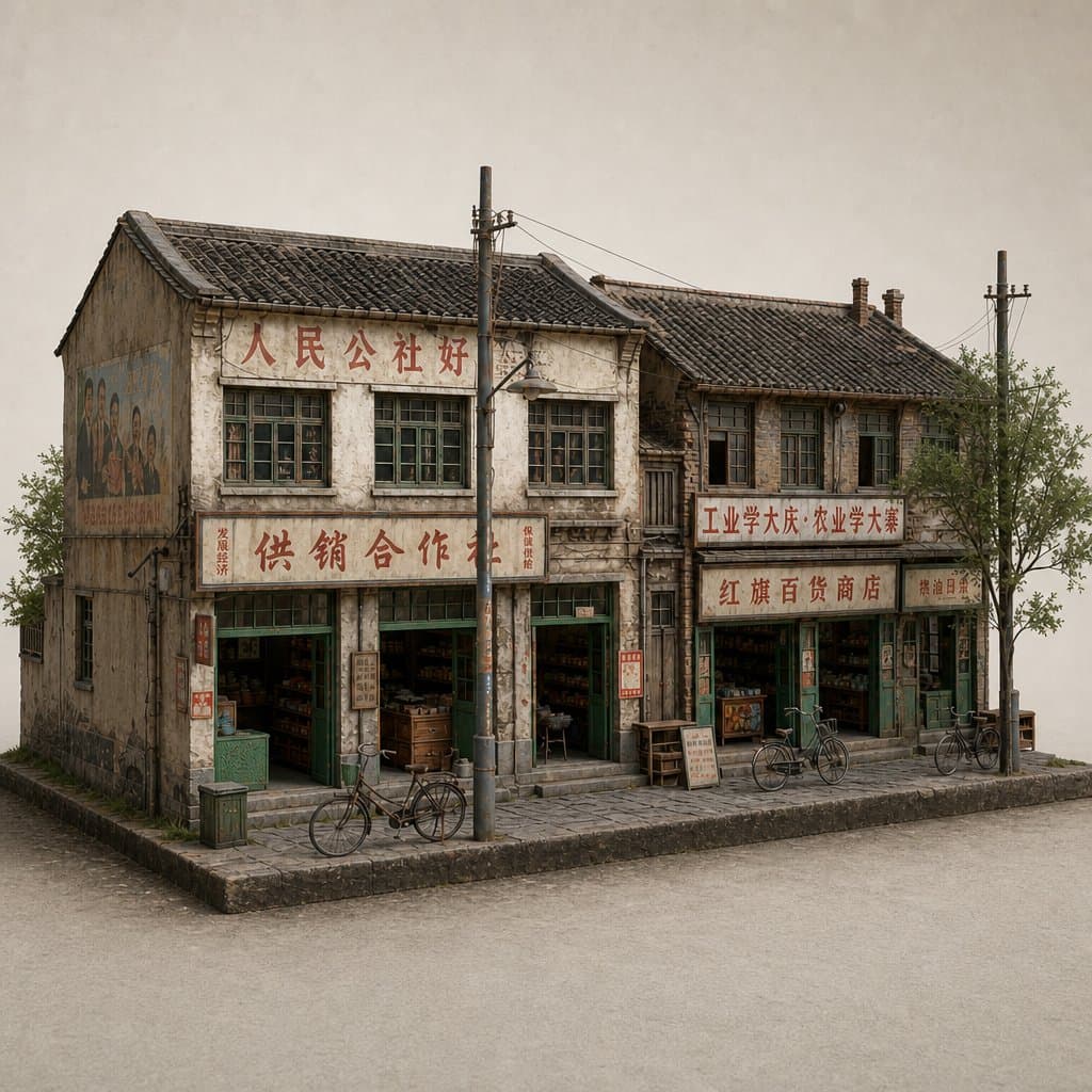 1970-80年代中国城市街道，老式商铺招牌，自行车与行人，复古市井风貌