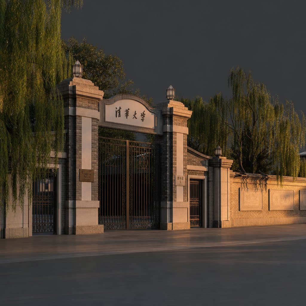 现代大学东门铁艺校门，垂柳摇曳，黄昏光影，写实风格