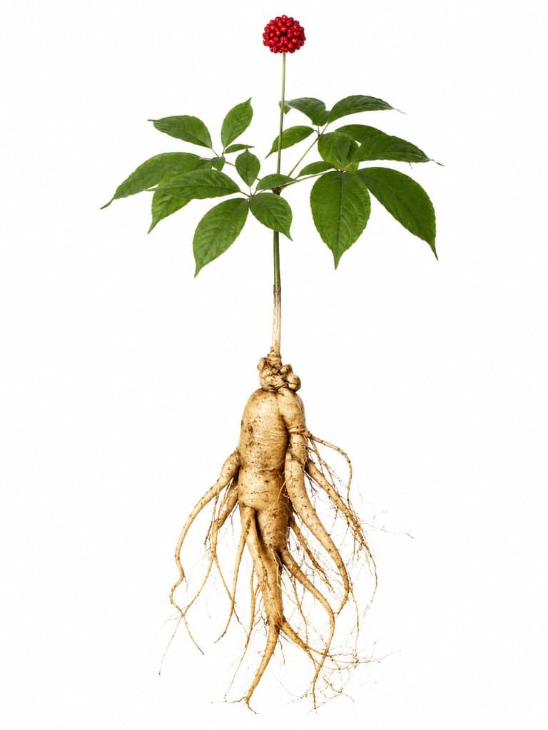 人参灵根，莹润根茎，碧绿叶片，红色花苞，商周神话风格写实植物
