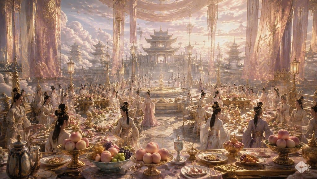 蟠桃盛宴仙境场景，众仙齐聚瑶池，华丽宫殿与云海相映，东方神话写实风格