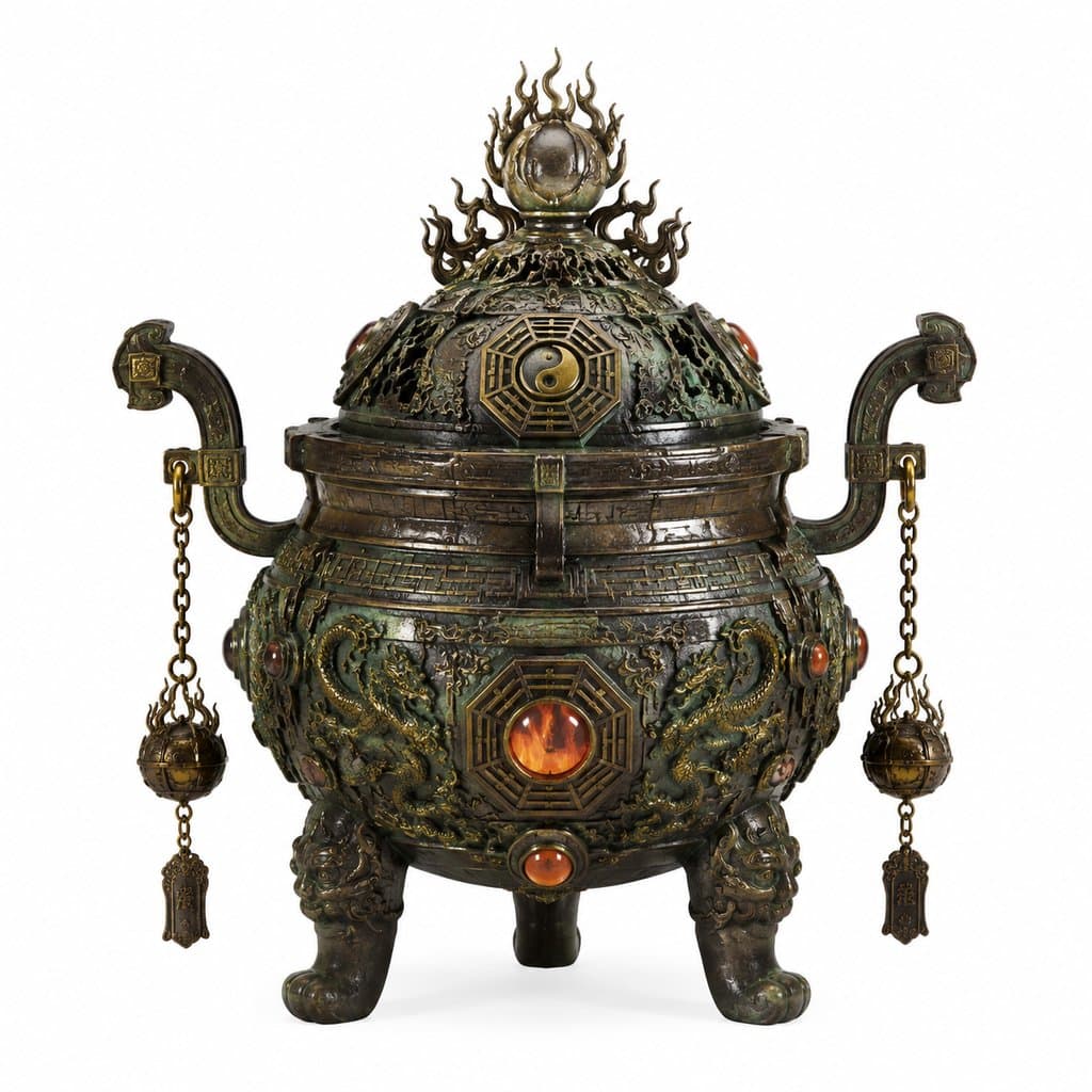 青铜八卦炉，饰有太极纹与龙纹，镶嵌红宝石，三足双耳，悬挂铃铛，东方神话写实风格
