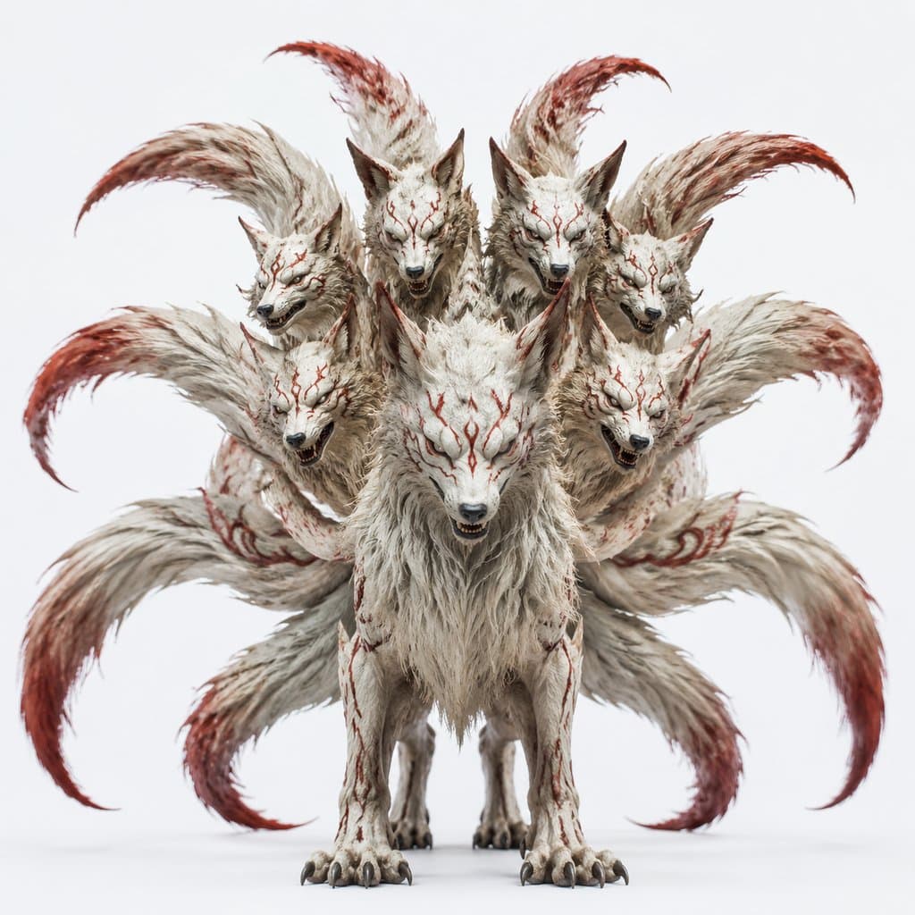 九尾九首凶兽，白色毛发带血纹，虎爪利齿，写实风格上古异兽