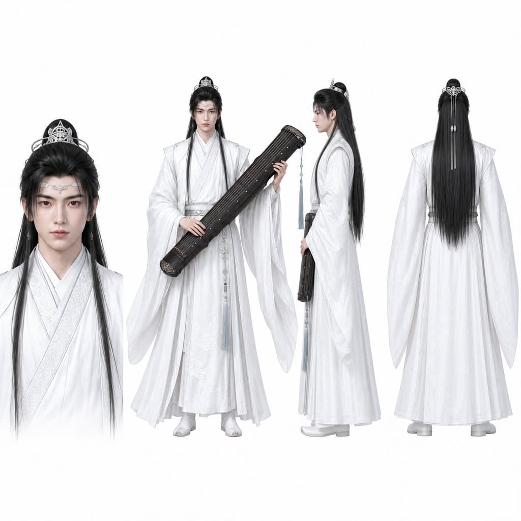 古风仙侠白衣琴师，身着白色广袖长袍，怀抱古琴，额间白玉发篆，长发飘逸