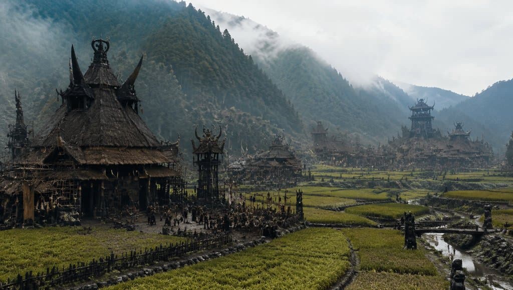 上古黑齿国部落，黑木建筑与稻田环绕，山雾缭绕的异域写实场景