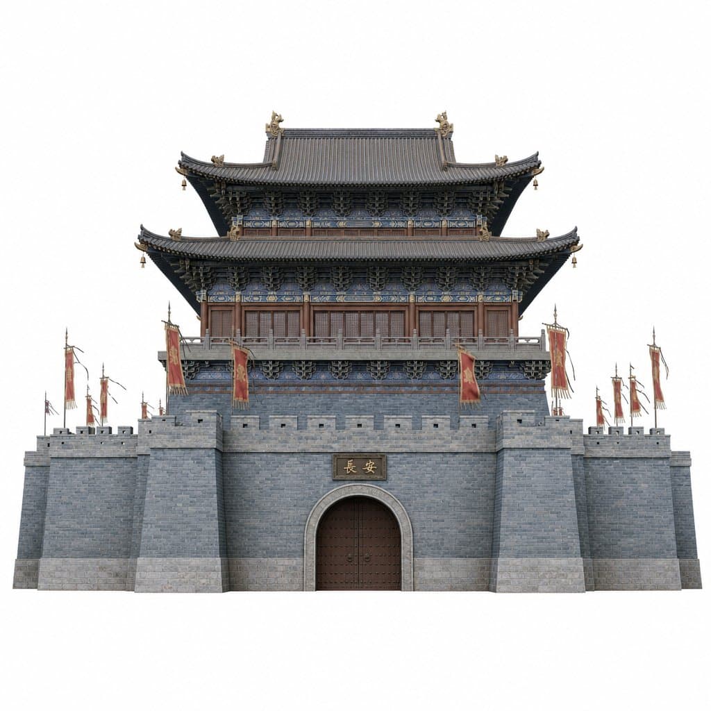 古风仙侠风格长安城楼，青砖灰瓦，双重飞檐，城墙雄伟，旗帜飘扬