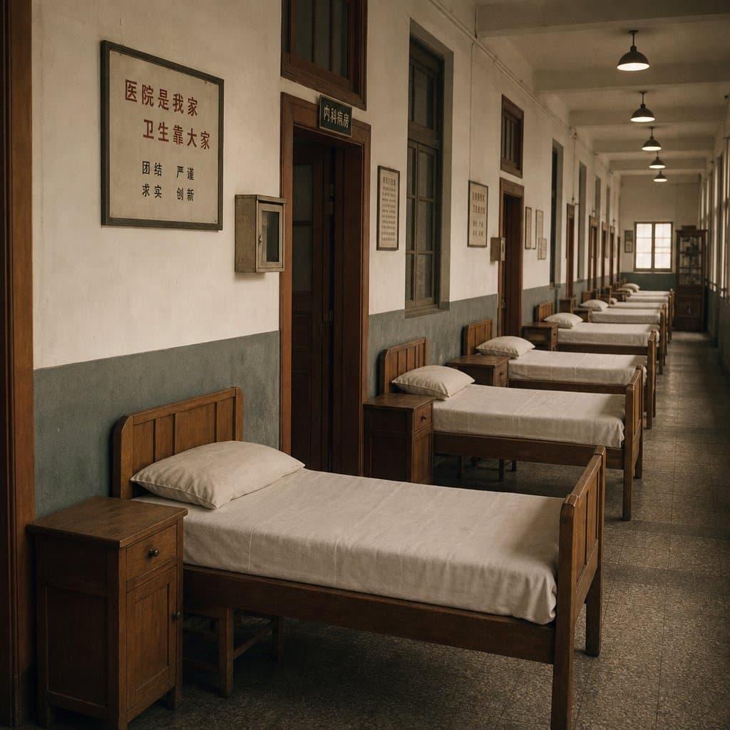 1970年代中国县城医院简陋病房走廊，木质床铺排列，墙上挂有标语，复古怀旧风格