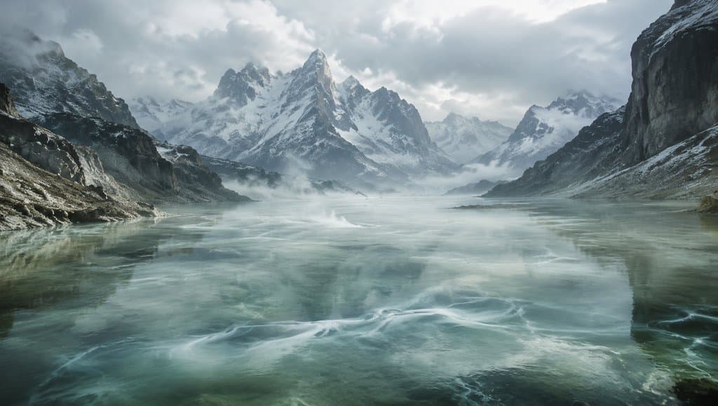昆仑山脉雪峰环绕的神秘弱水湖，雾气缭绕，水面倒影清晰，写实风格
