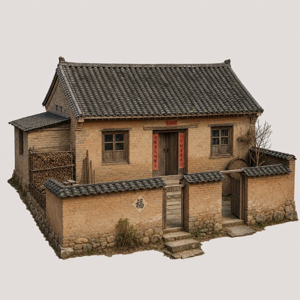1970年代中国农村土坯砖瓦房，低矮院落，木质门窗，柴堆，年代感乡村建筑