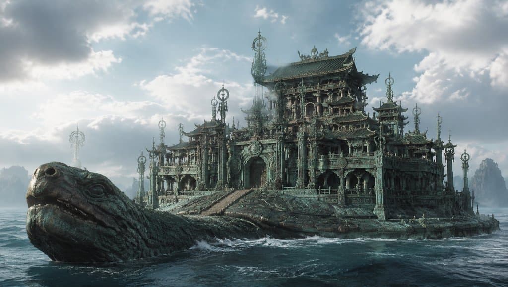 巨鳌驮负的仙宫琼阁，玄幻风格写实建筑，商周神话主题