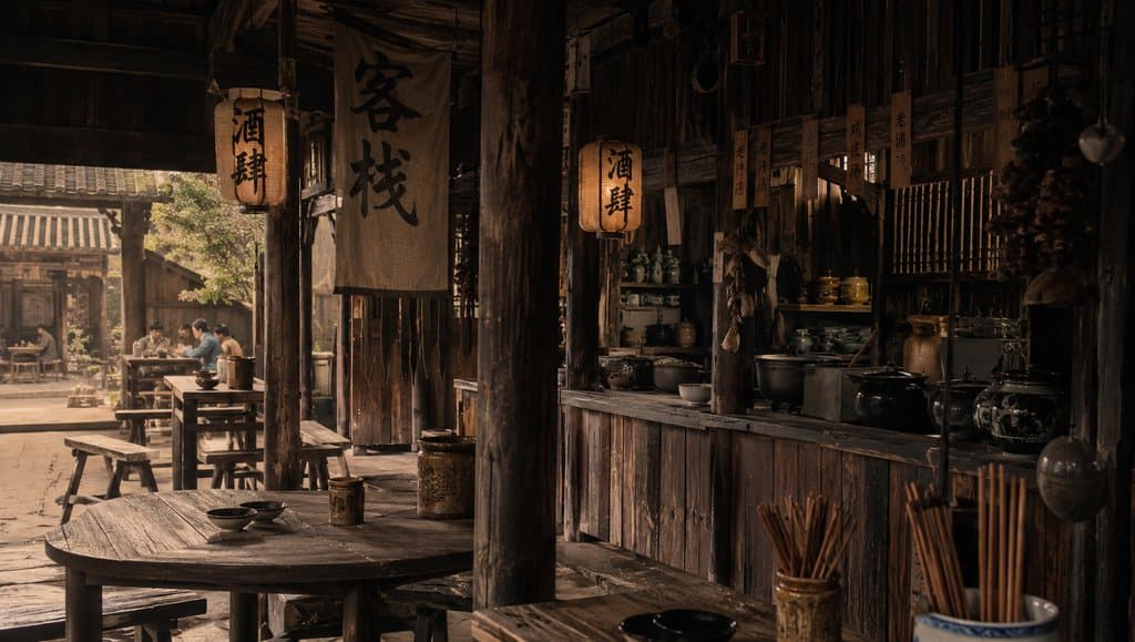 古风客栈酒肆，木质结构，悬挂招幌与灯笼，灶台陈设，长凳桌椅，东方写实风格