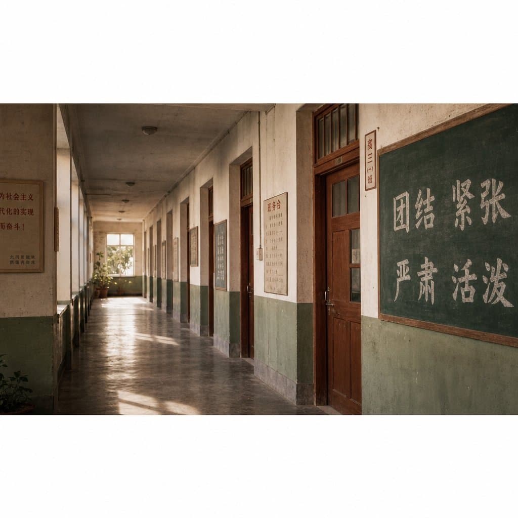 1970年代中国中学走廊，砖瓦教学楼，黑板标语，复古校园