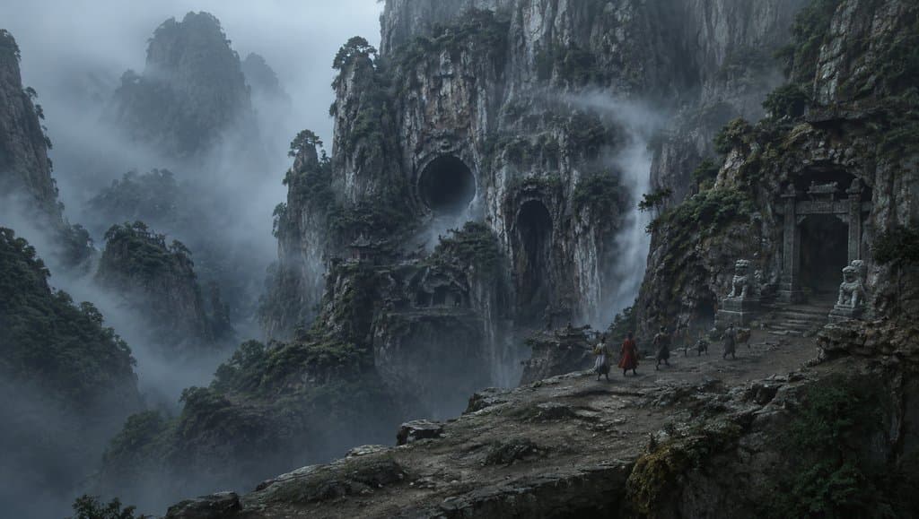 隐雾山连环洞，雾锁山壑，东方神话写实场景，人物行于古道，石狮守门，洞穴幽深