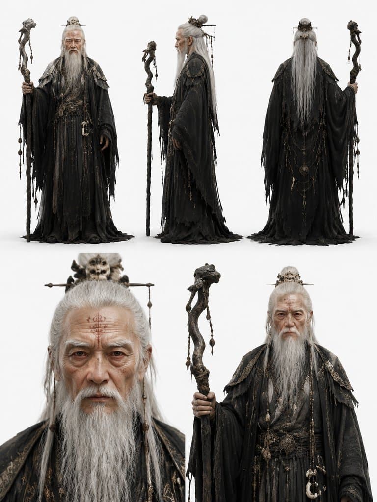 上古老巫祝，鹤发玄袍，手持骨杖，写实风格3D角色