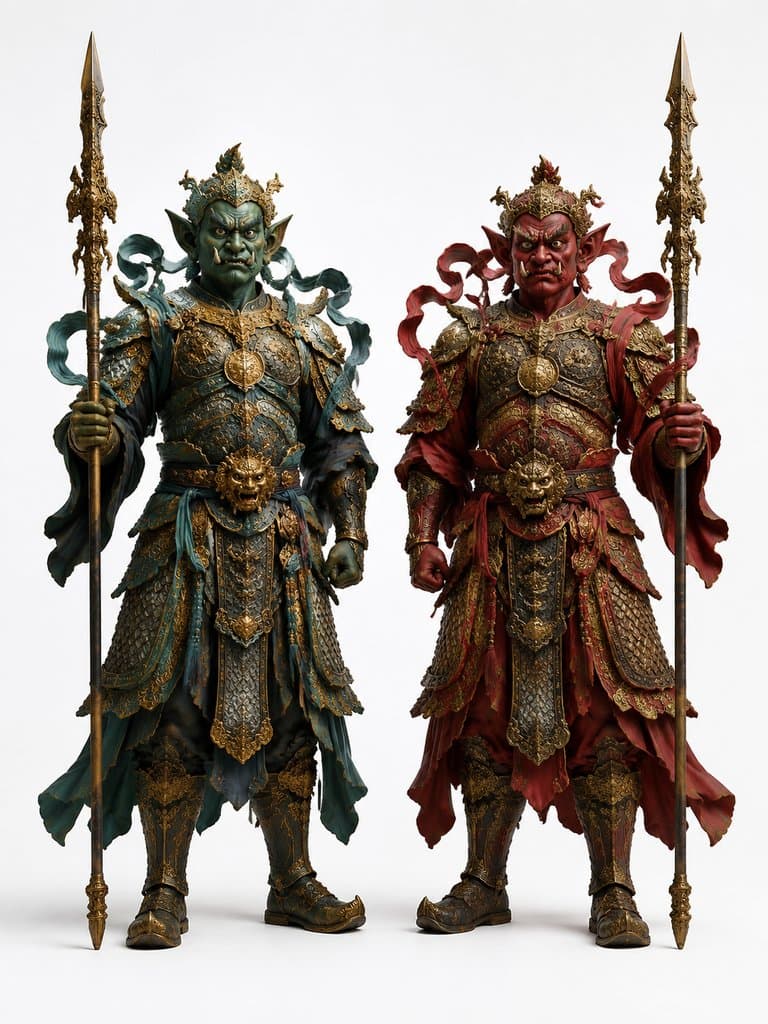 青绿与赤红面的千里眼顺风耳，披甲持矛，东方神话写实风格角色