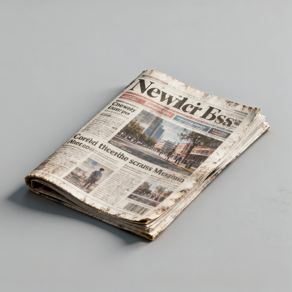 一张折叠的旧报纸，标题为New York Post，复古风格，纸张泛黄，有明显折痕和磨损痕迹