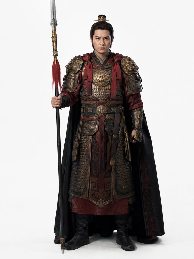 身穿红黑甲胄的东方武将，手持长枪，威严列阵，写实风格