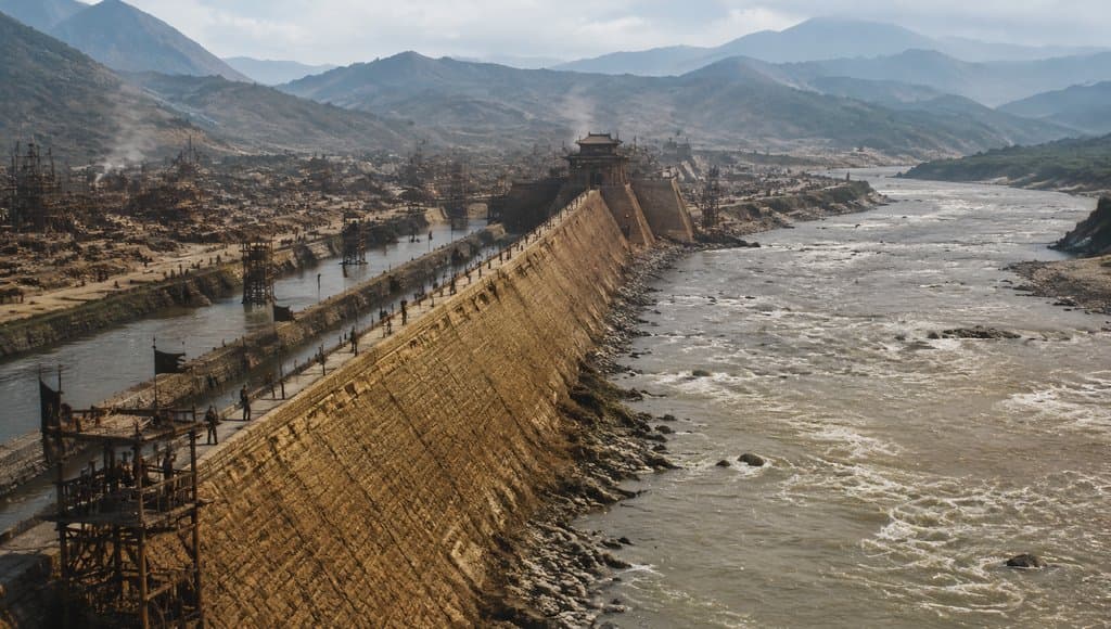 上古风格夯土水坝，巨型导流渠横跨湍急河流，背景山峦起伏，写实建筑细节