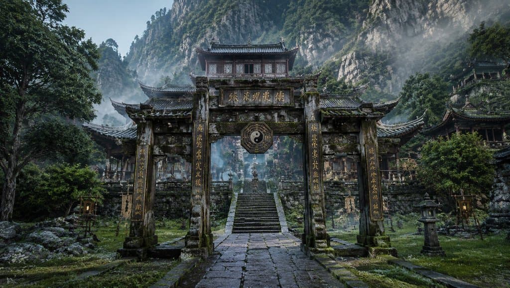 古风道观山门，青瓦飞檐，八卦图案，雾霭环绕的山间建筑