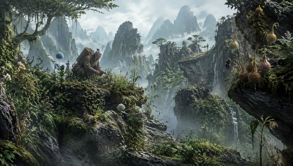 上古采药谷中，老者采灵草，云雾缭绕山峰，写实奇幻风格