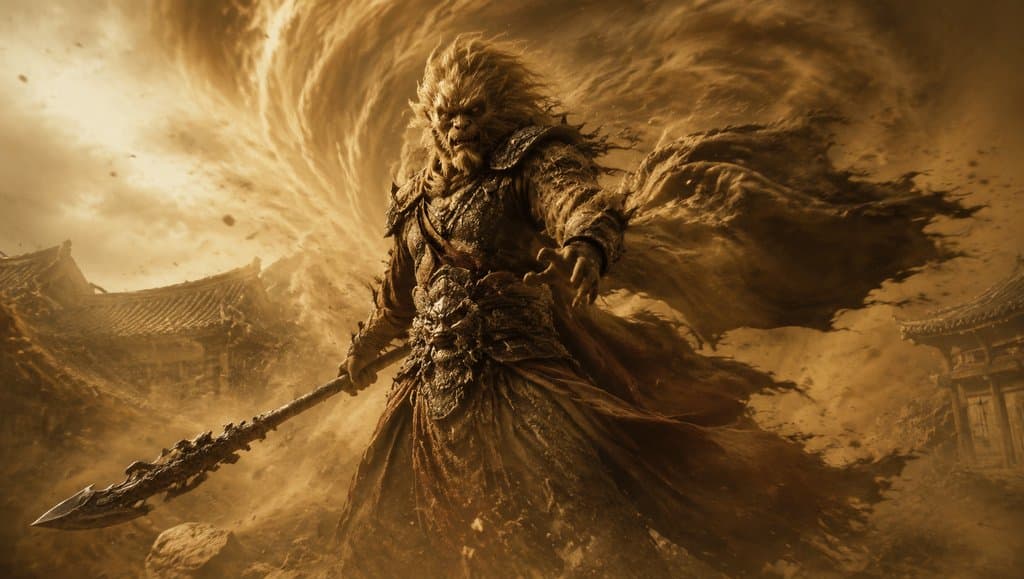 黄风狂沙中，东方神话巨兽手持长矛，威猛现身，写实特效风格