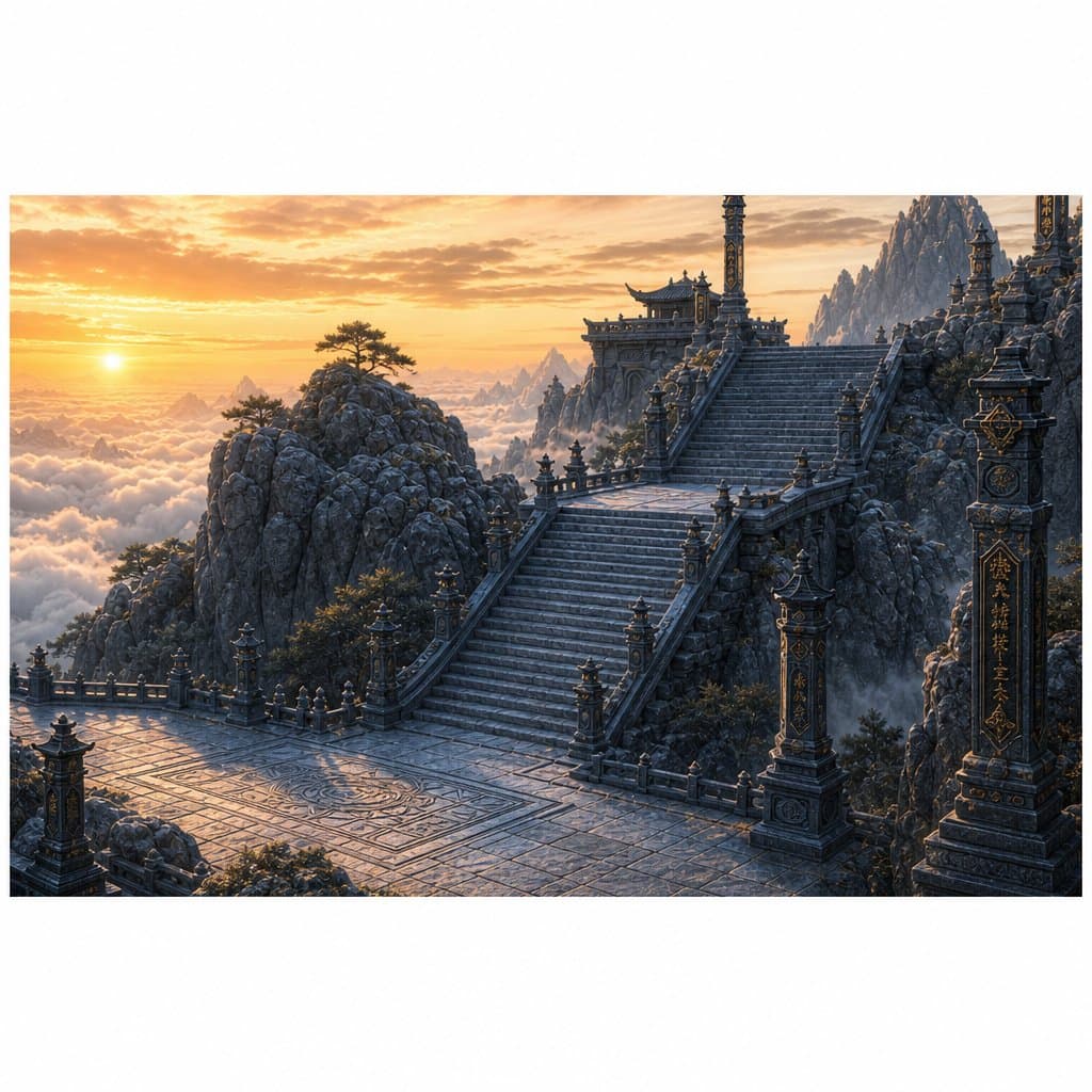 古风仙侠游戏场景，落霞峰山顶，夕阳余晖，云海缭绕，孤绝险峻的阶梯通向山巅建筑