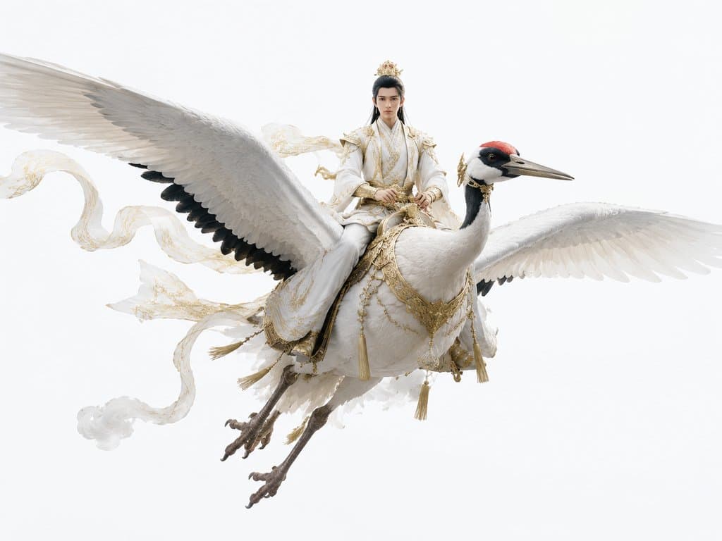 仙鹤载人飞翔，身穿白金古装的男子骑乘展翅白鹤，祥云环绕，东方神话写实风格