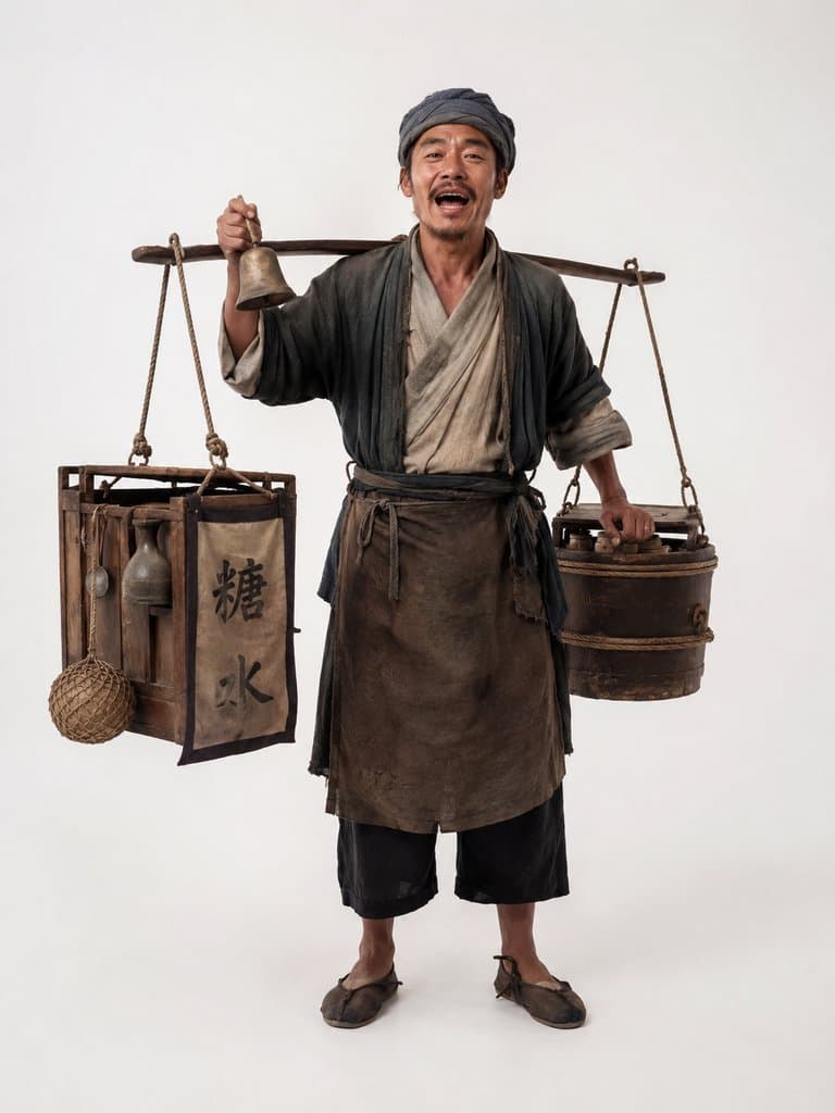 古代市井商贩肩挑糖水担，手持铜铃吆喝，身穿短打围裙，写实风格