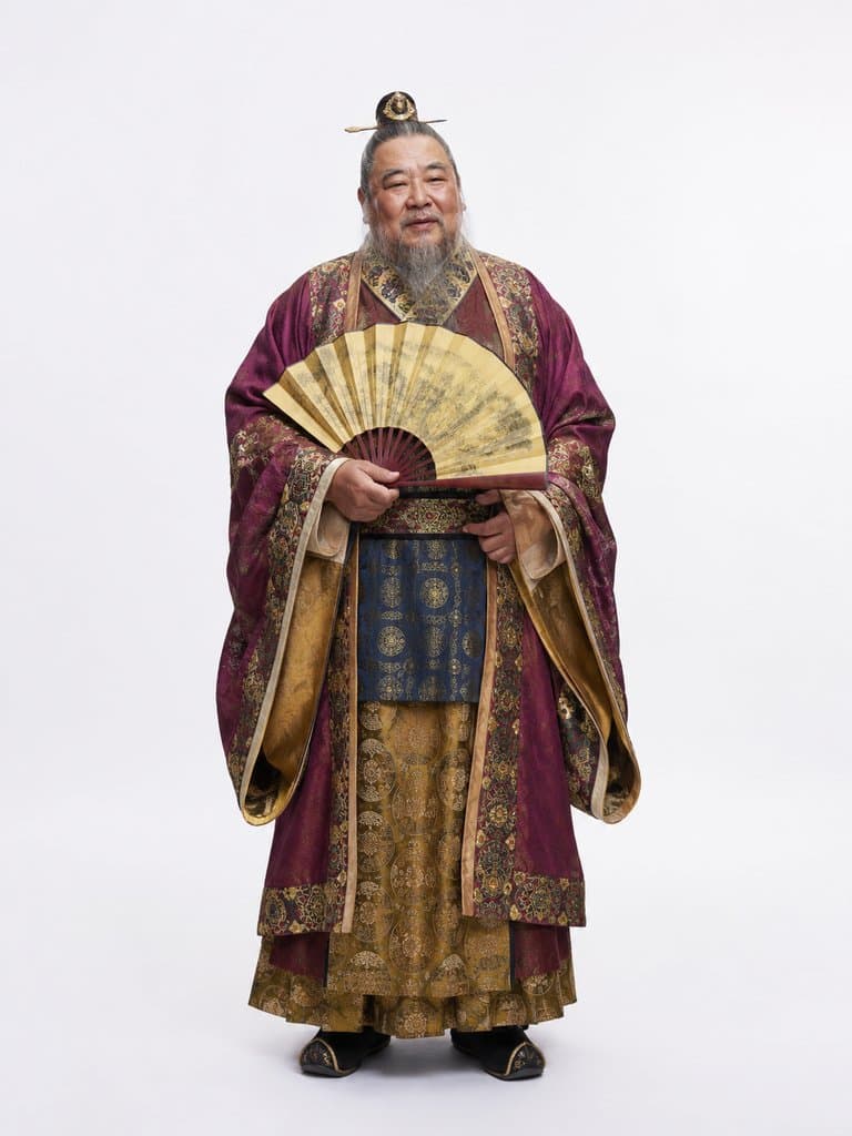 员外乡绅身穿锦袍，手持折扇，富态威严，东方写实风格