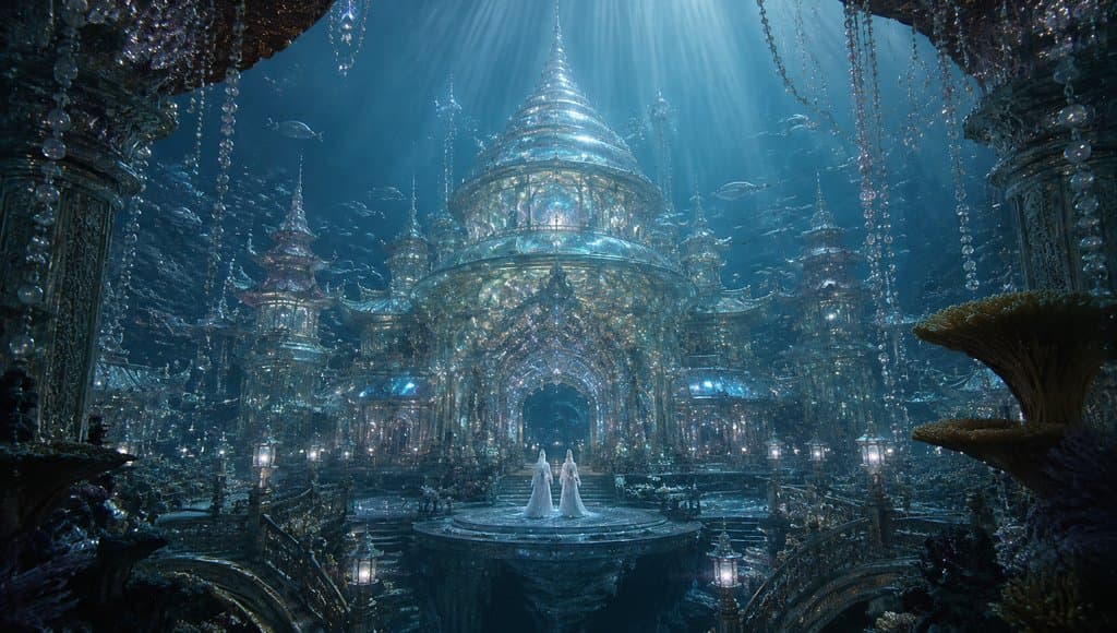 水下龙宫水晶塔，通透晶莹，珠光闪烁，游鱼环绕，东方神话写实建筑