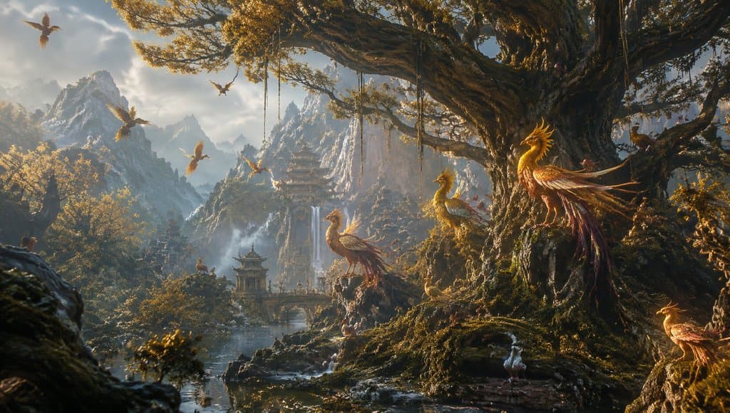 上古神鸟林中，金色凤凰栖息于巨树之上，背景为雪山与古塔，写实奇幻风格