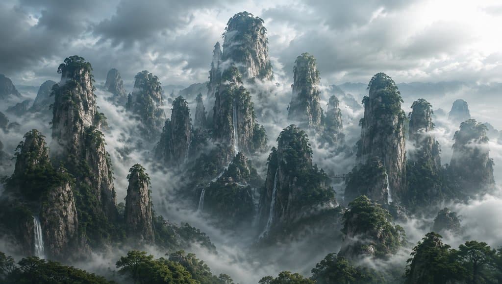 上古巫山十二峰云雾缭绕，奇峰林立，瀑布飞泻，写实风格的洪荒山水场景