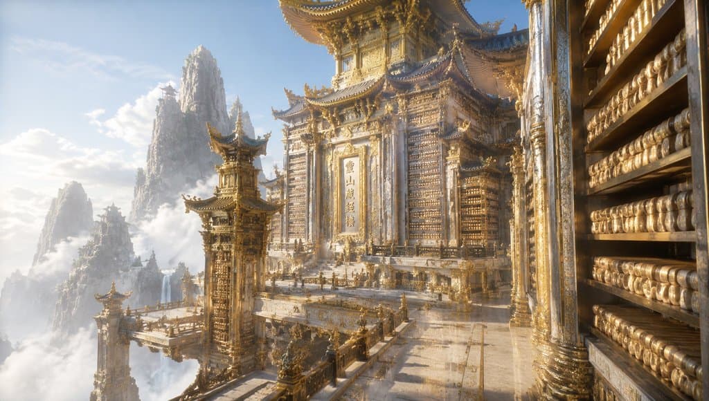 金色藏经楼悬浮于云海山巅，东方神话风格写实场景，宏伟建筑与经卷架细节精致