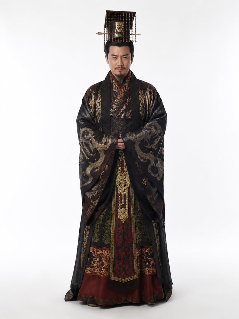 身穿华丽商周风格华服的男性角色，头戴冠冕，服饰细节精致，写实风格