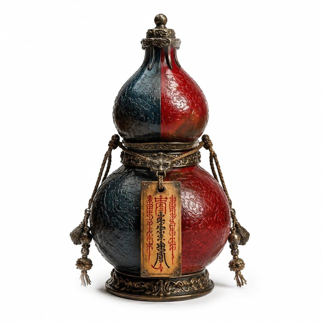 阴阳二气瓶，青红双色葫芦造型，饰有符文与金属挂件，东方神话写实风格