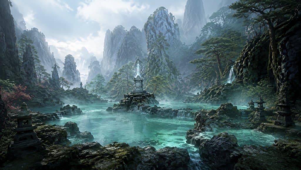 上古神泉灵潭，奇石环绕，雾气缭绕，中央石碑喷涌光芒，写实山水场景