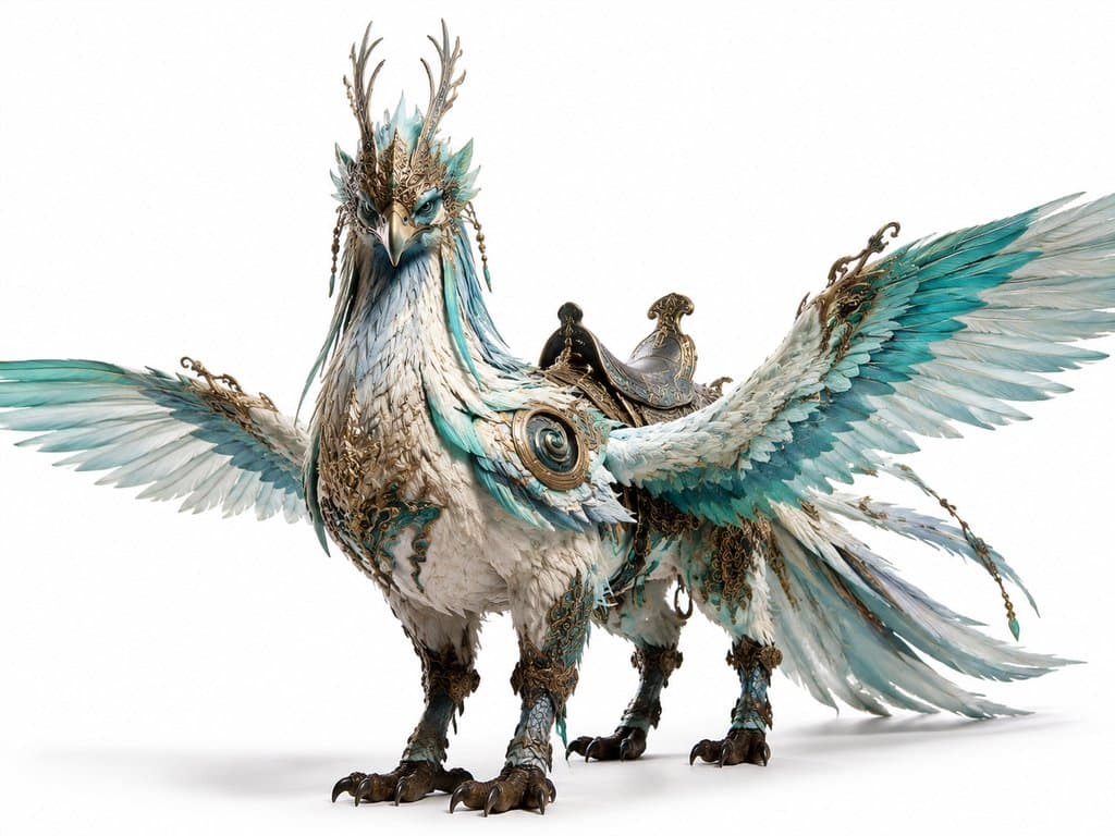 青鸾仙驾，蓝白羽翼展开，神鸟载具，商周神话风格写实3D模型