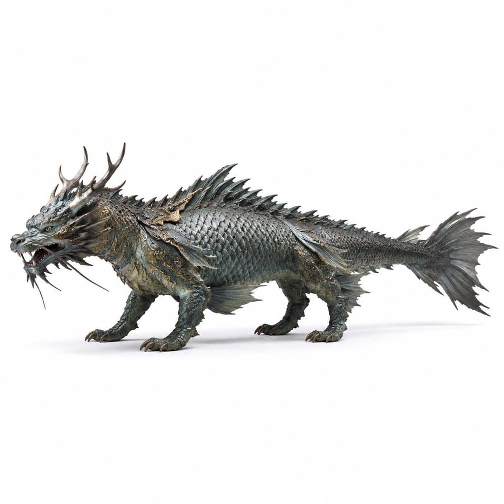 东方神话巨鱼龙首，鳞甲覆盖，龙宫鳌鱼写实3D模型