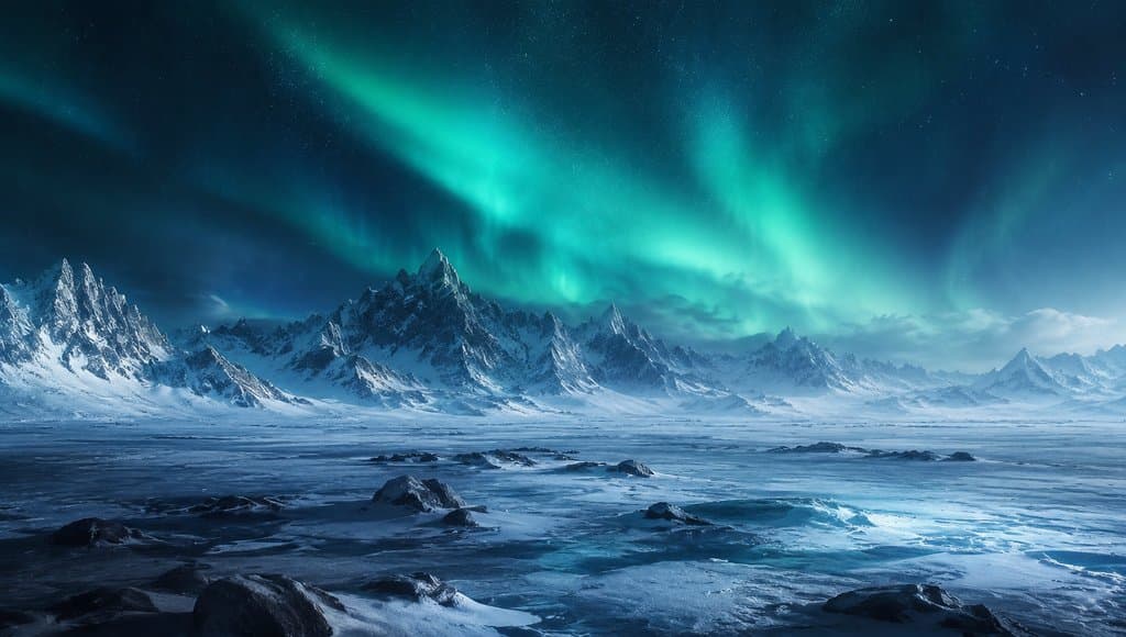 上古冰原极光雪峰夜景，写实3D风格