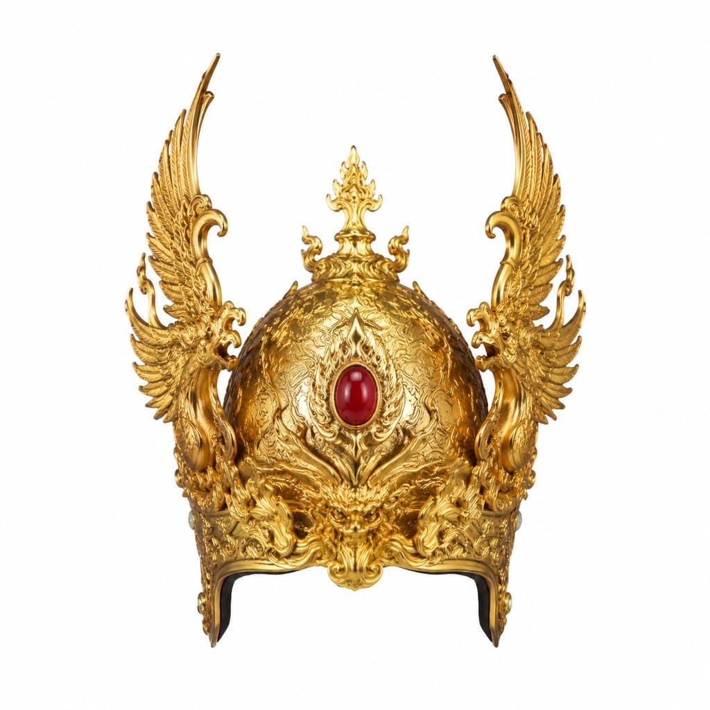 金色凤翅紫金冠，双凤凰展翅，中央镶嵌红宝石，华丽东方神话风格