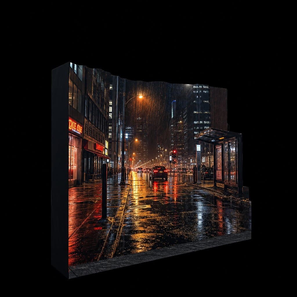 现代都市雨夜街头，绵密雨丝斜落，地面反光湿润，朦胧写实风格