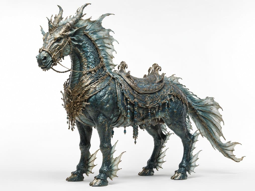 蓝绿色鳞甲龙马，带鳍状肢和华丽金色装饰，东方神话风格写实3D模型