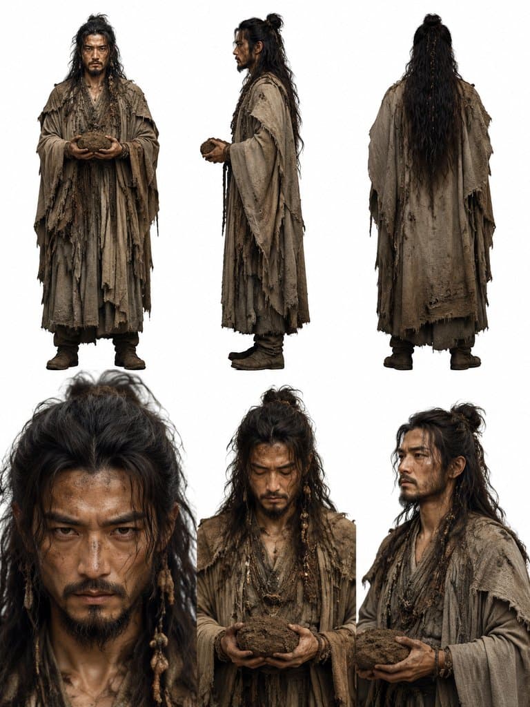 上古洪荒写实风格的鲧，身披麻衣，长发披肩，手持泥土，神情悲壮