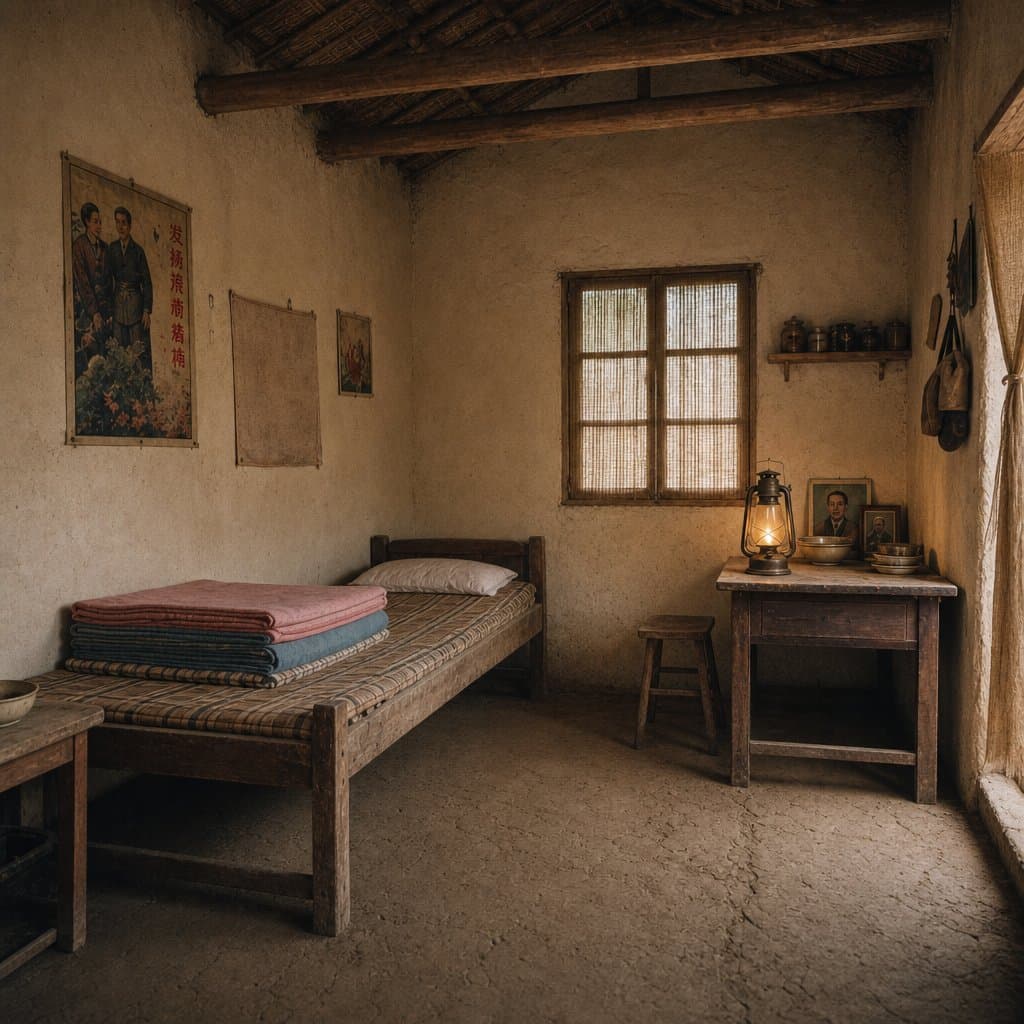 1974年农村土坯房内部，木板床配煤油灯，粗布窗帘，知青住所，年代感室内场景