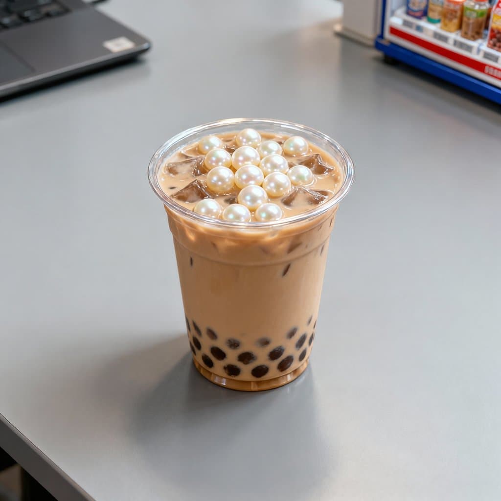 一杯经典珍珠奶茶，透明杯中装有奶茶和黑色珍珠，顶部覆盖奶油，置于灰色桌面上